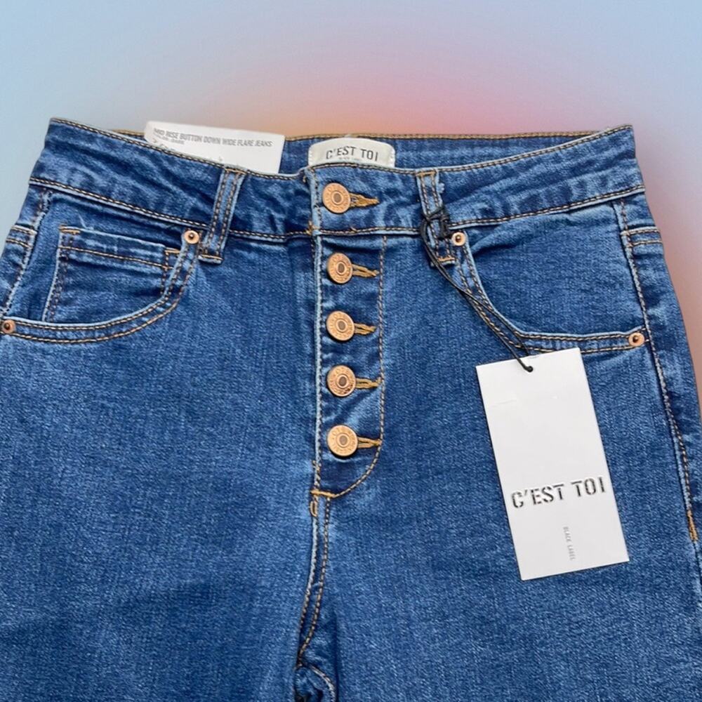 C’EST TOI Women’s 7 / 27 Mid Rise Button Down Wide Flare Blue Jeans
